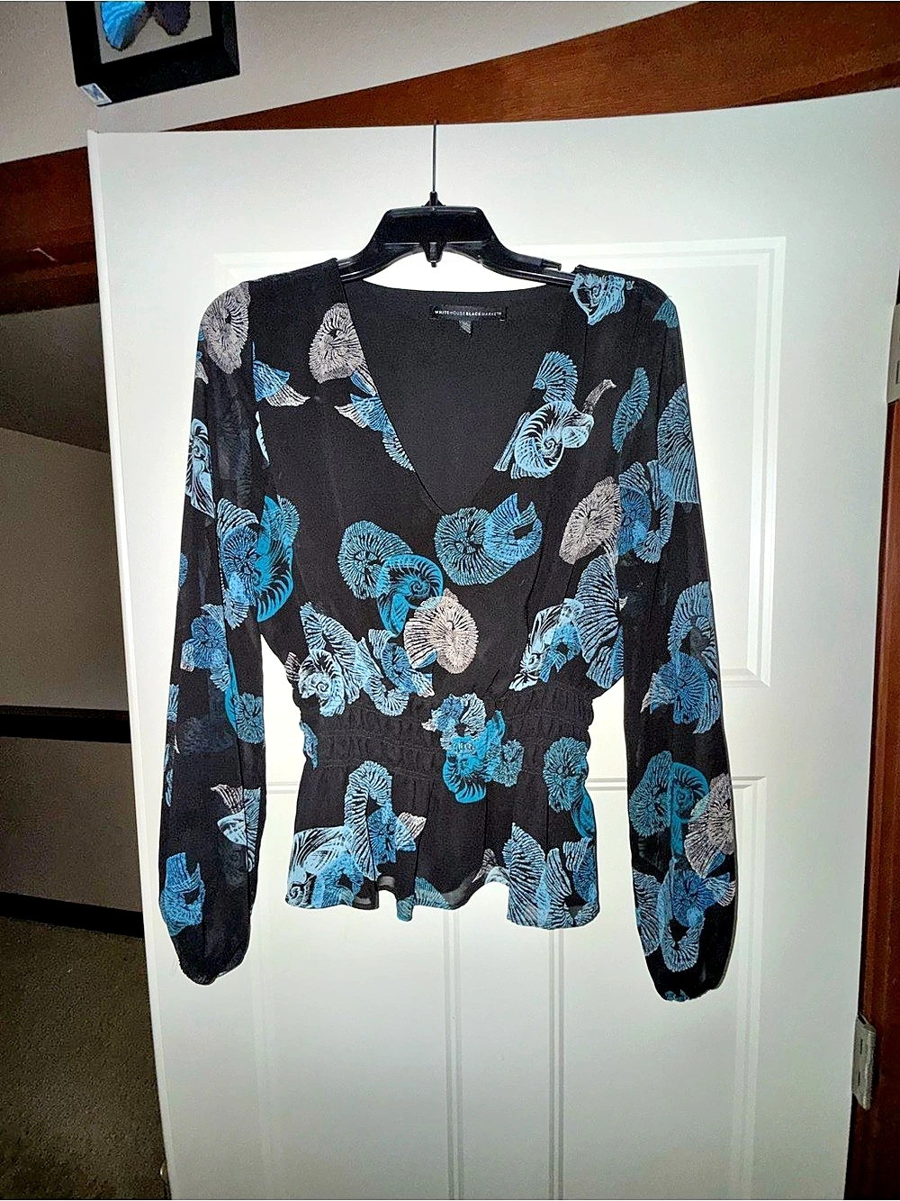 White House Black Market Sea Shell Print Smocked Waist Top